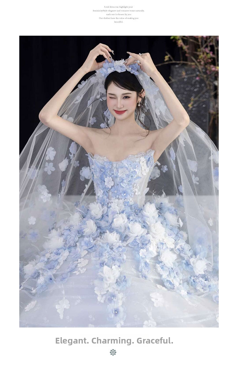 Blue Floral Strapless Evening Gown French Style Niche Emcee Banquet Dress Elegant Subtly Luxurious Princess Dress for Women_ecoleips.com