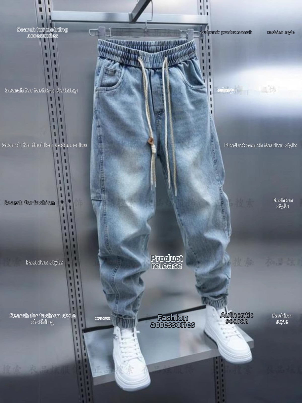 Men's Trendy Washed Distressed Harem Jeans Loose Fit Drawstring Cuffs Low Waist Casual Blue Jeans Spring Autumn Style_mkmklike.com