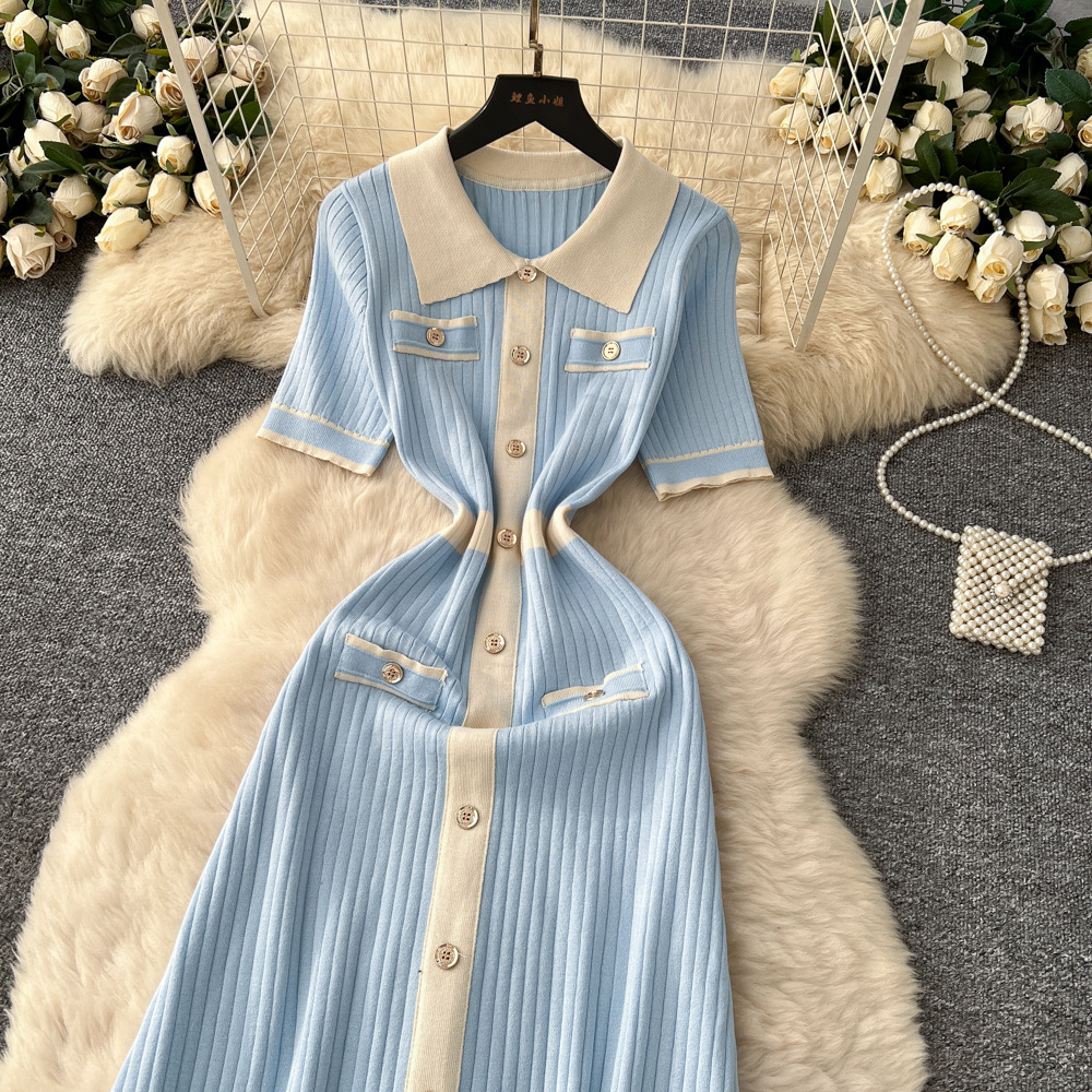 Retro Chic Fashion Polo Collar Dress For Women Short Sleeved Knitted With Metal Buckle Fitted Waist Long Skirt_ecoleips.com