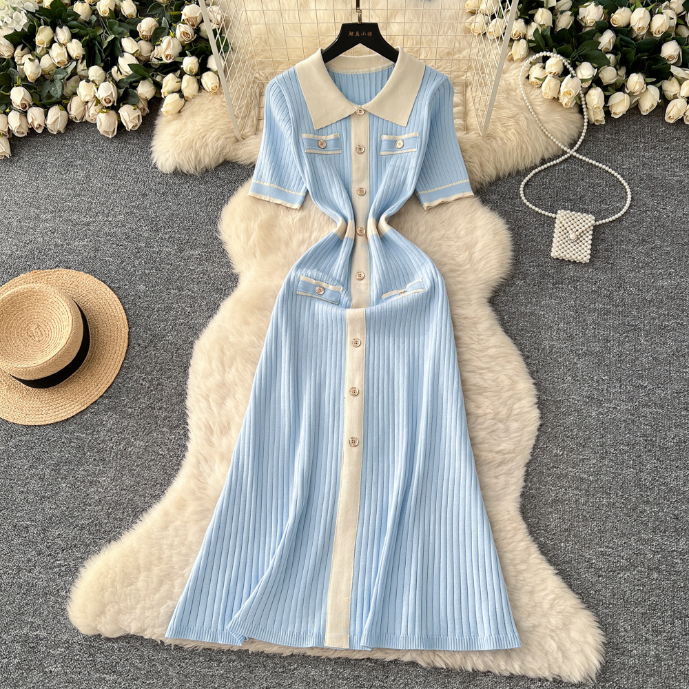 Retro Chic Fashion Polo Collar Dress For Women Short Sleeved Knitted With Metal Buckle Fitted Waist Long Skirt_ecoleips.com