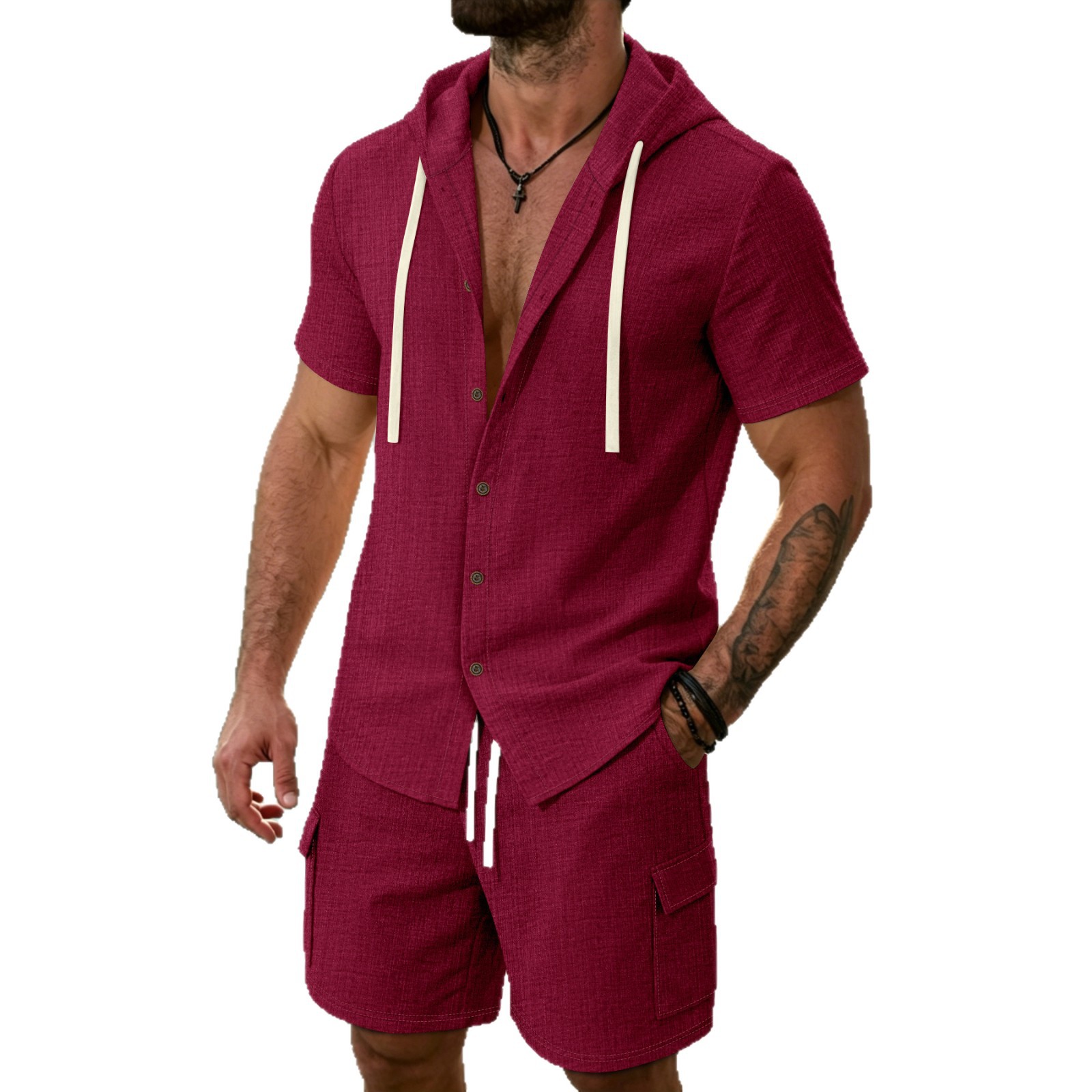 Conjunto de camisa informal holgada y pantalones cortos de trabajo para hombre, ideal para el verano. Ropa transpirable con capucha y manga corta, perfecta para escapadas vacacionales._voghion.com