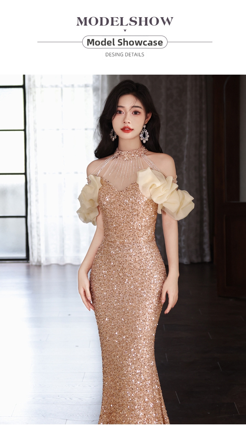 Gold Evening Gown New Style French Sequined Waist Cinching Mermaid Skirt Toasting Banquet Dress Art Exam Wear For Women_ecoleips.com