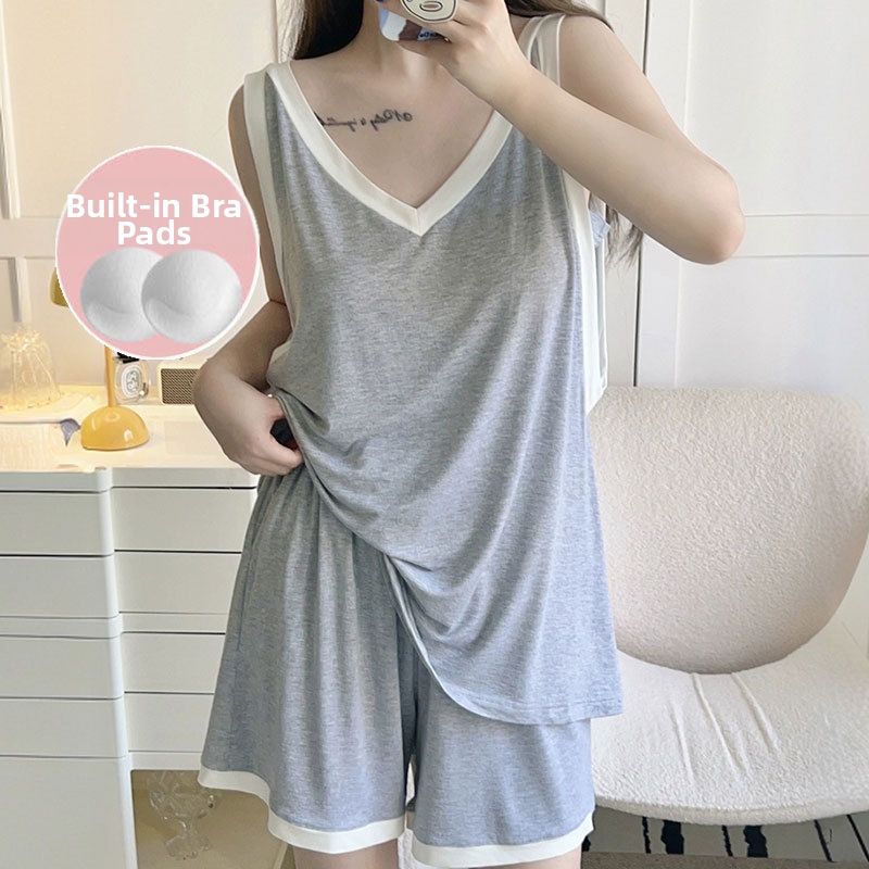 Conjunto pijama verano mujer algodón sin mangas estilo color block_voghion.com
