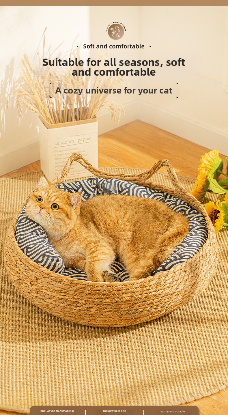 Woven Rattan Cat Bed With Cushion, Washable Scratching Mat_voghion.com