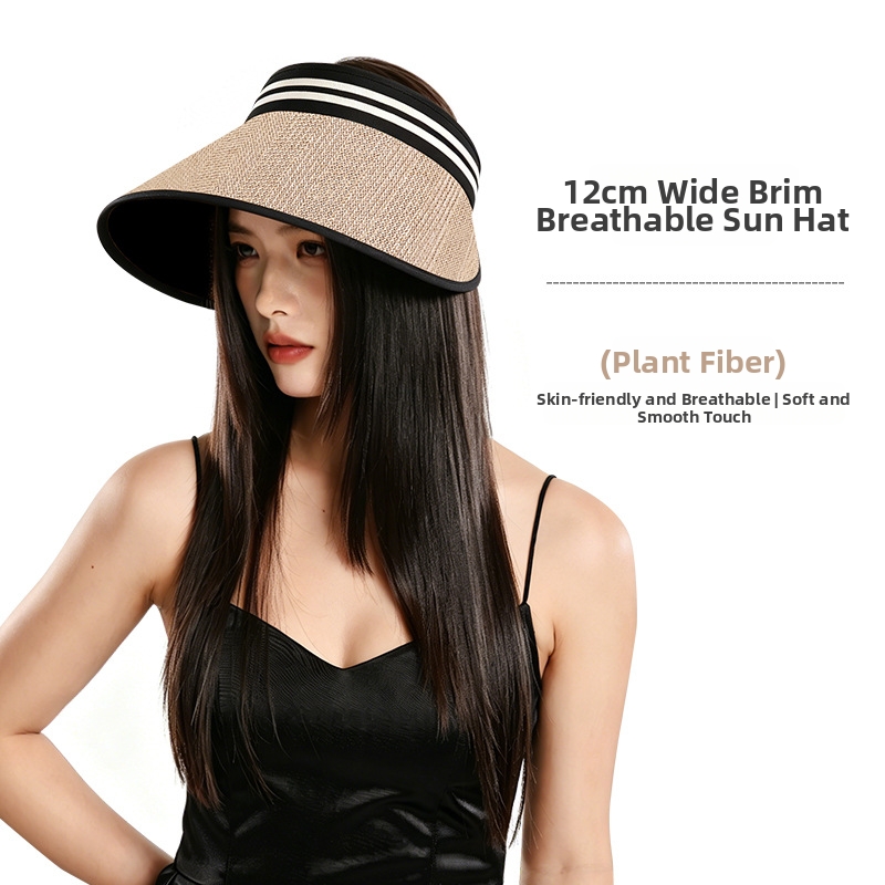 Women's Straw Braided Visor Hat Breathable Summer Casual Sun Protection Wide Brim Hat For Cycling_voghion.com