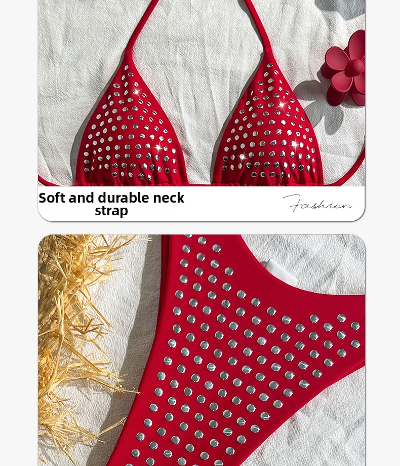 Women's Clothing Women's Sexy Rhinestone Bikini Two Piece Solid Color Strappy Swimsuit Style For Beach Vacation_ecoleips.com