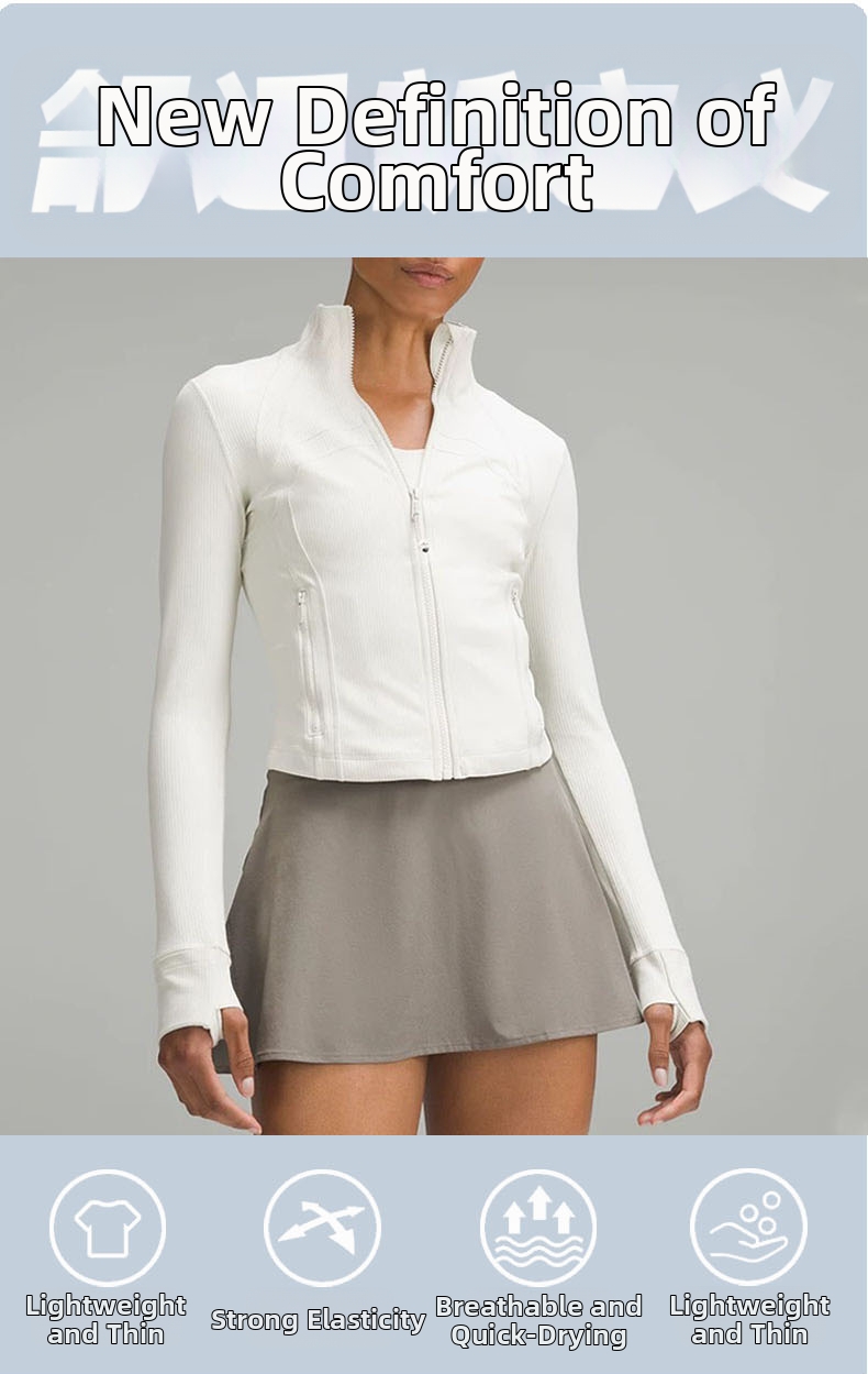 Women's Clothing Stand Up Collar Long Sleeved Sports Jacket Versatile Tight Fitting Short Ribbed Top Yoga Fitness Wear_ecoleips.com