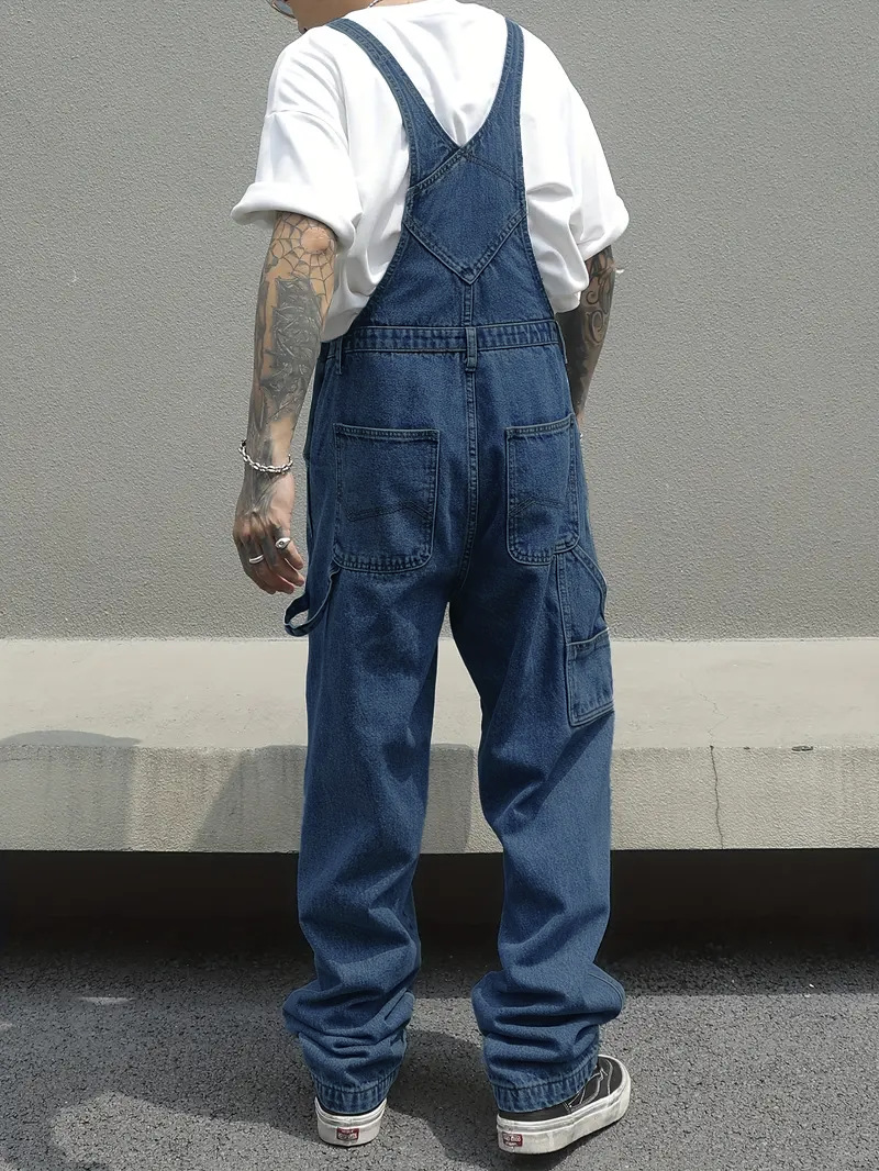 Men's Loose Fit Overalls Streetwear Long Pants Washed Denim Multiple Pockets_mkmklike.com