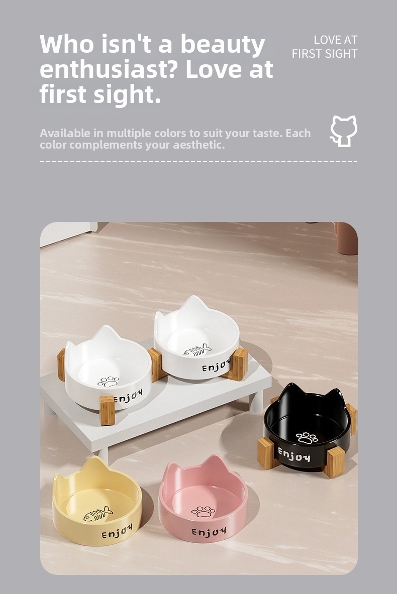 Ceramic Cat Bowl Elevated Pet Feeder With Wooden Stand_voghion.com
