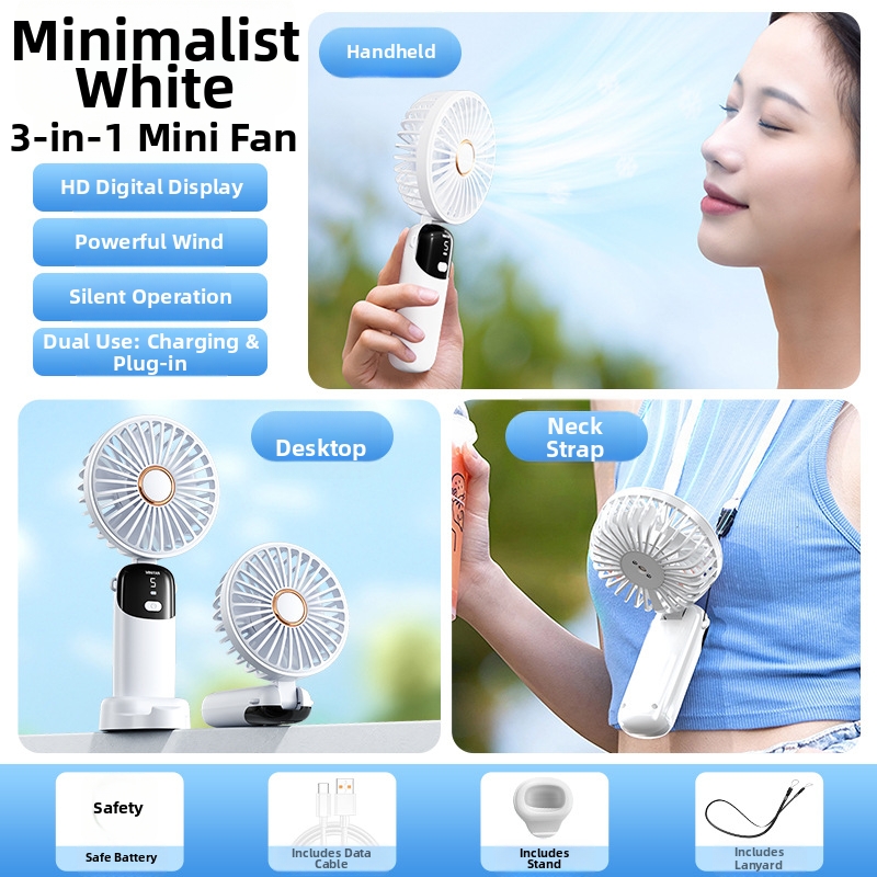 Mini ventilatore portatile ricaricabile tramite USB con display digitale, silenzioso, ideale per scrivania._voghion.com
