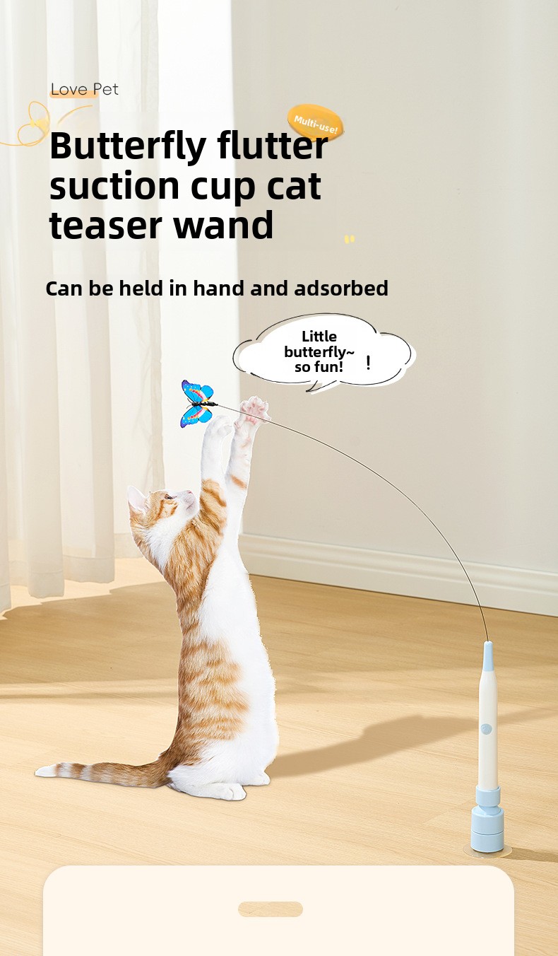 Butterfly cat toy with flexible wand and lifelike wings