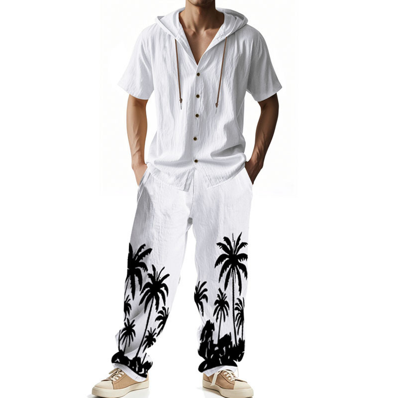 Herren Leinen Sommer Set Mit Hemd Und Hose Locker Geschnitten_voghion.com