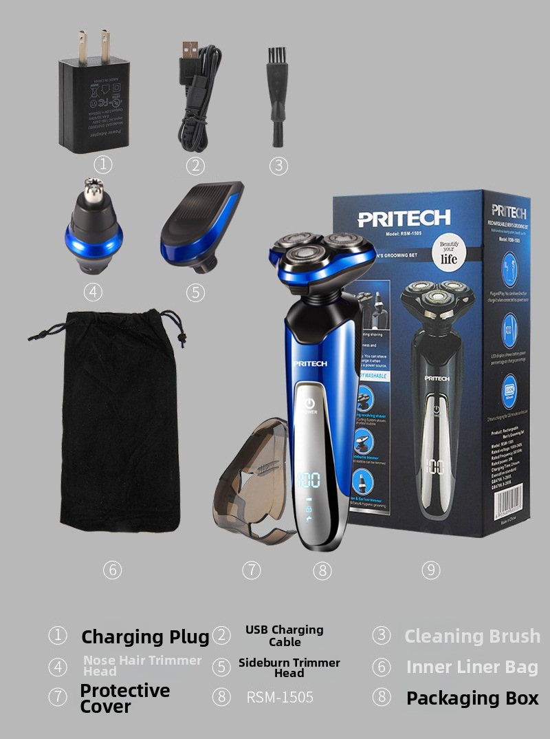 Rasoio multifunzione 3 in 1 Pritech da uomo con display digitale a LED, ricaricabile e impermeabile, rifinitore per barba._voghion.com