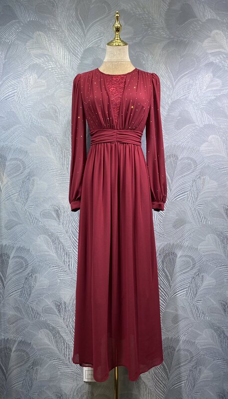 Fengpingying Export Women's Clothing 2025 Autum New Round Neck Lace Plain Long Dress Ready for Sale