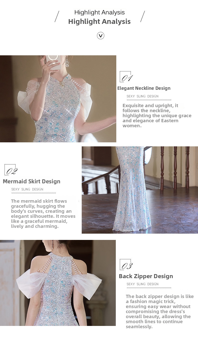 Elegant Sequin Mermaid Cheongsam Evening Gown - Slim Fit Qipao Dress For Banquet Party Wedding_ecoleips.com