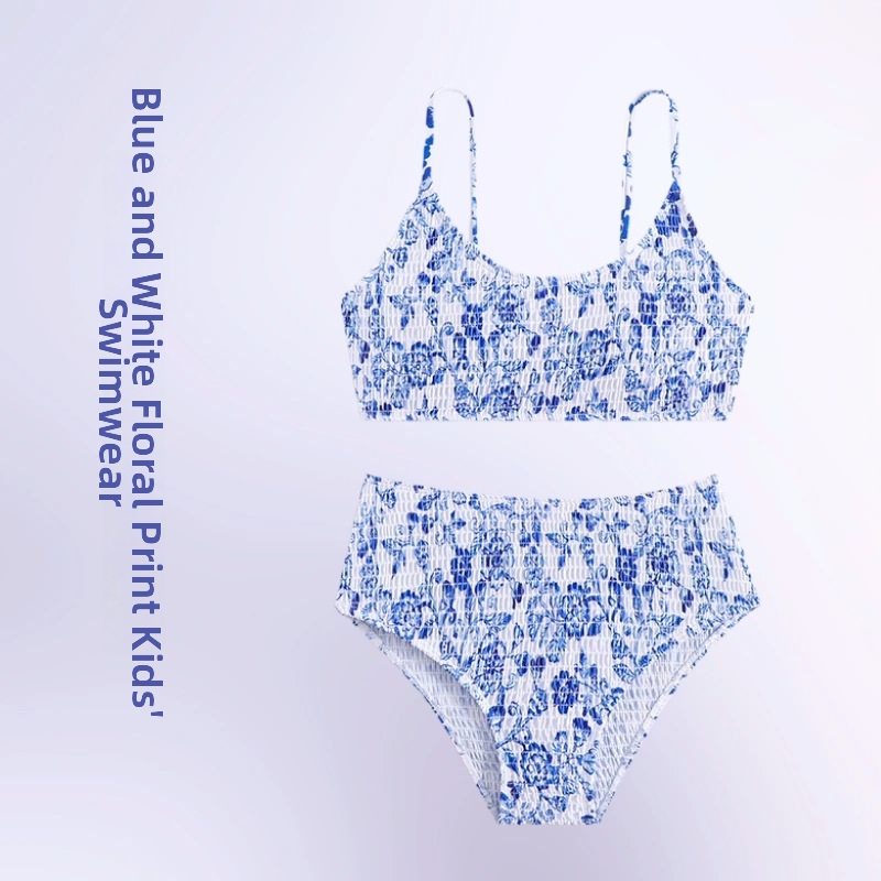 Mädchen-Badeanzug, zweiteilig, blau-weiß mit Blumenmuster, Rüschenstoff, hochgeschnittener Bikini_voghion.com