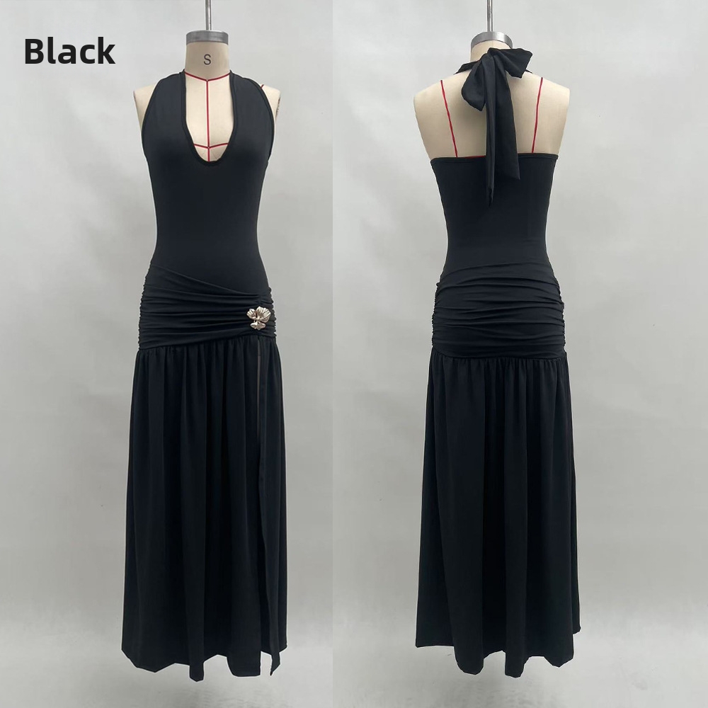 Summer Halter Backless Slit Dress – Stretchy Bodycon Midi Dress With High Leg Split (S-L, Soft Milk Silk Fabric, Sexy Evening & Club Wear)​_ecoleips.com