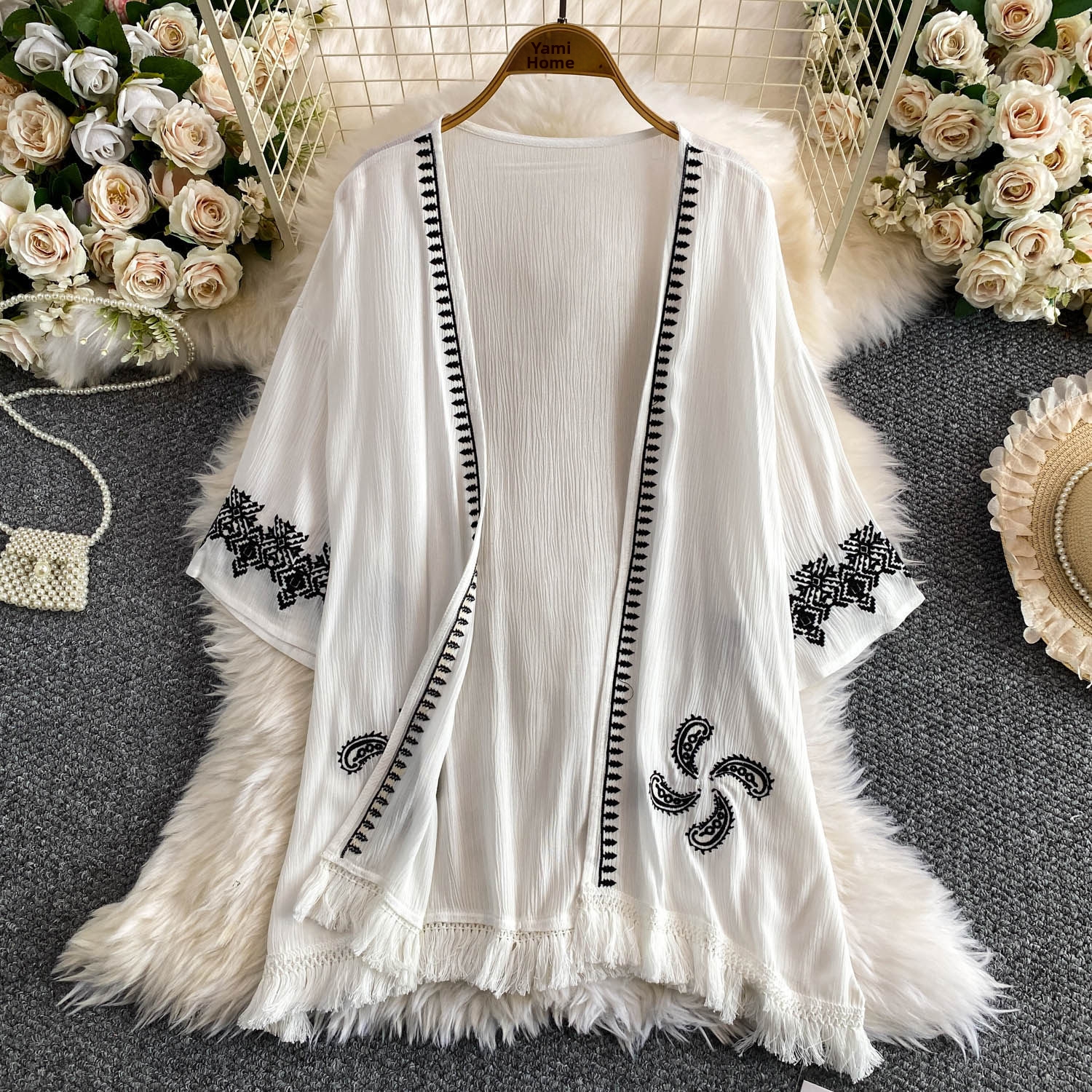Women's Lightweight Sun Protective Loose Fit Breathable Long Sleeve Embroidered Jacket Mid-Length Elegant Stylish Top with Tassels for Summer_ecoleips.com