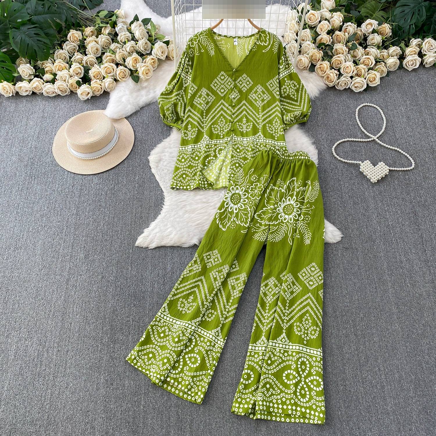Women's French Style Commuter Cardigan V Neck Puff Sleeve Geometric Print Two Piece Set Casual Loose Fit Slimming Wide Leg Pants_ecoleips.com