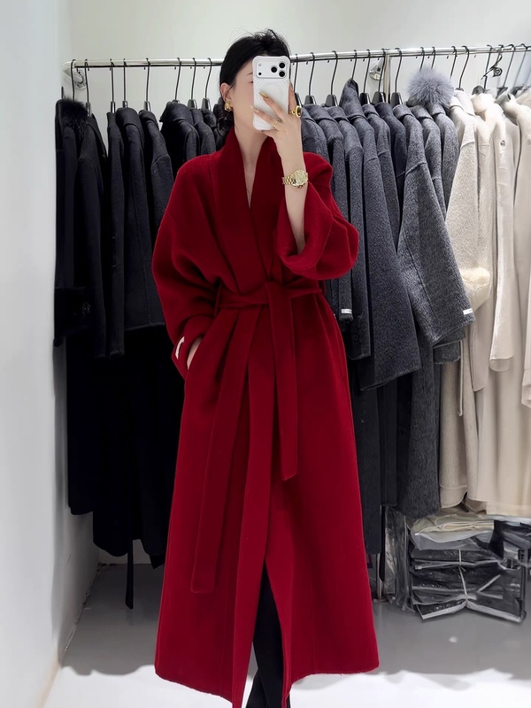 2025 Winter New Style Purple Double-Sided Wool Coat for Women, Mid-Length High-End Bathrobe Style Elegant Woolen Coat