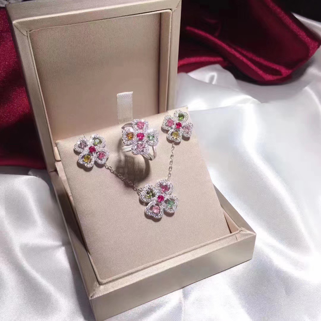 天然碧玺套装s925四叶草项链戒指耳钉糖果色三件套银镶时尚百搭