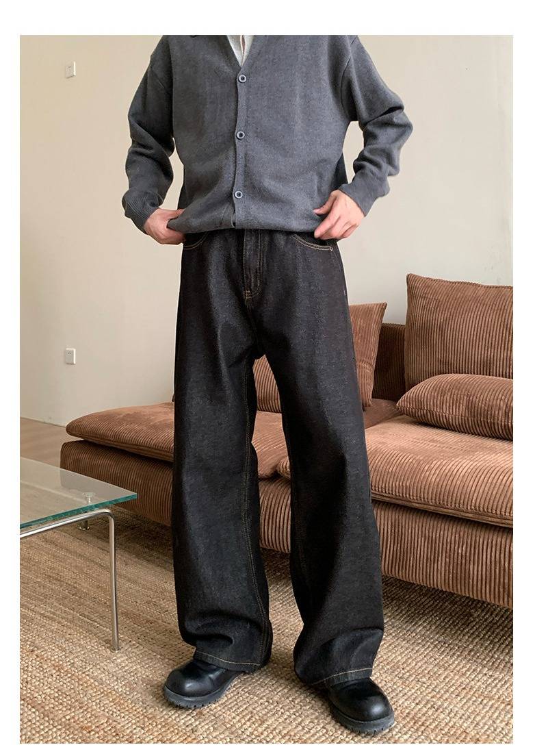 Men's 2026 American Retro Raw Color Wide Leg Jeans Loose Fit Elastic Waist Casual Long Pants Trendy Blue Standard Thickness_mkmklike.com
