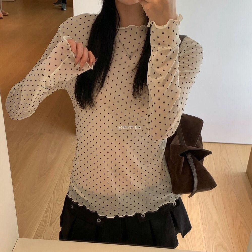 New mesh polka dot see-through long-sleeve t-shirt for women, unique design, stylish, autumn slim-fit top for trendy girls