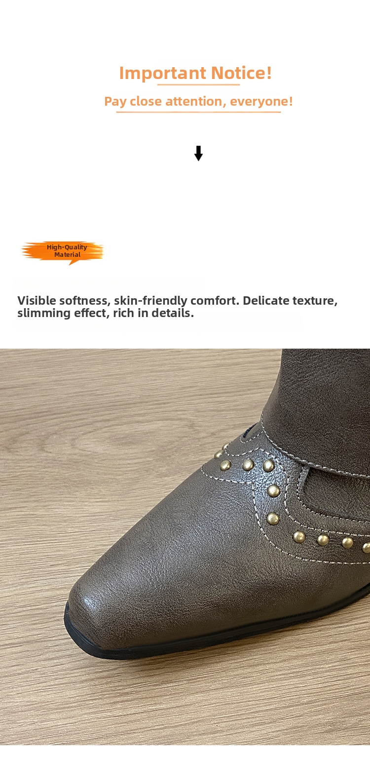 Women's Western Boots Square Toe Chunky Heel Brown Studded Style_voghion.com