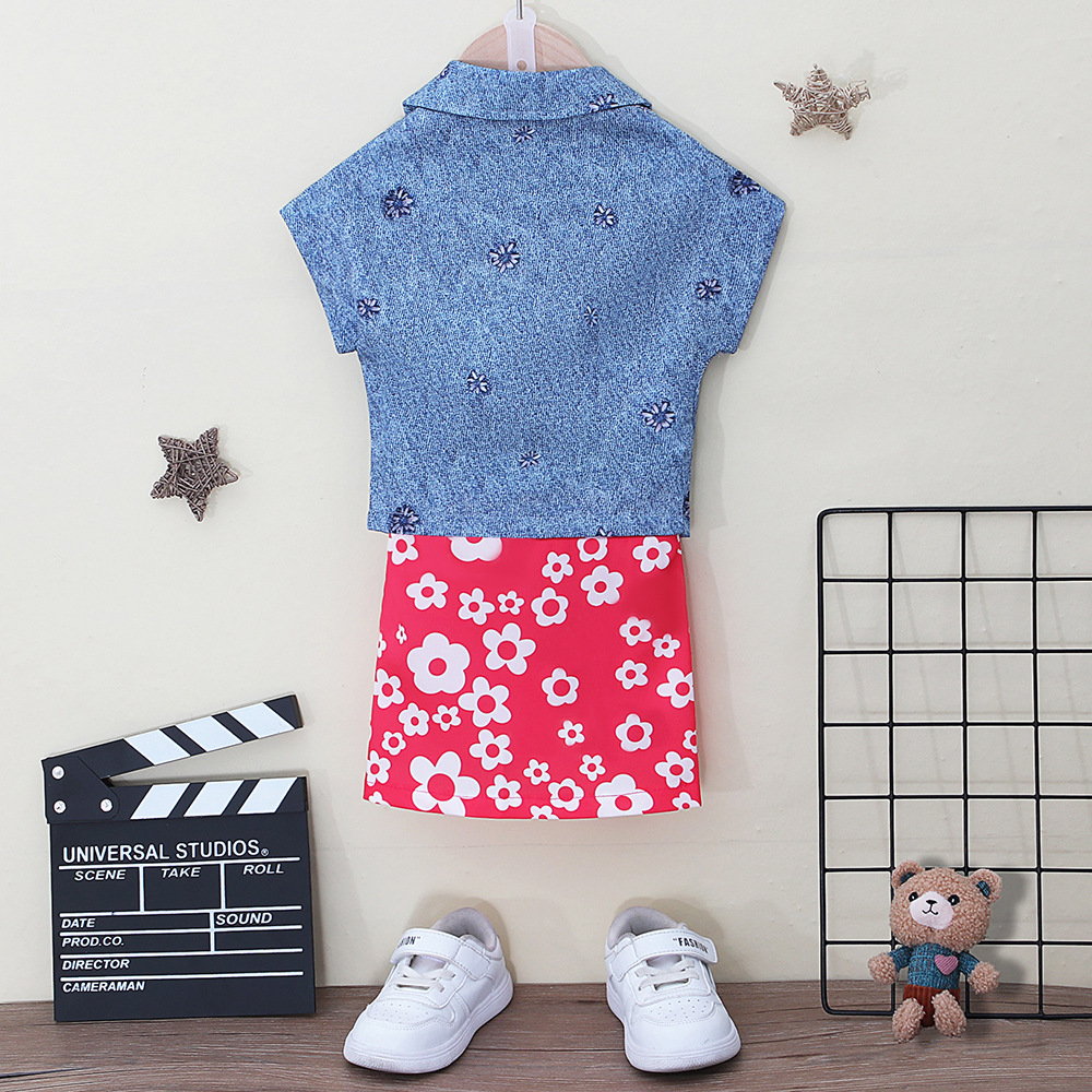 Girls American Style Summer Two-piece Set Floral Printed Skirt_voghion.com