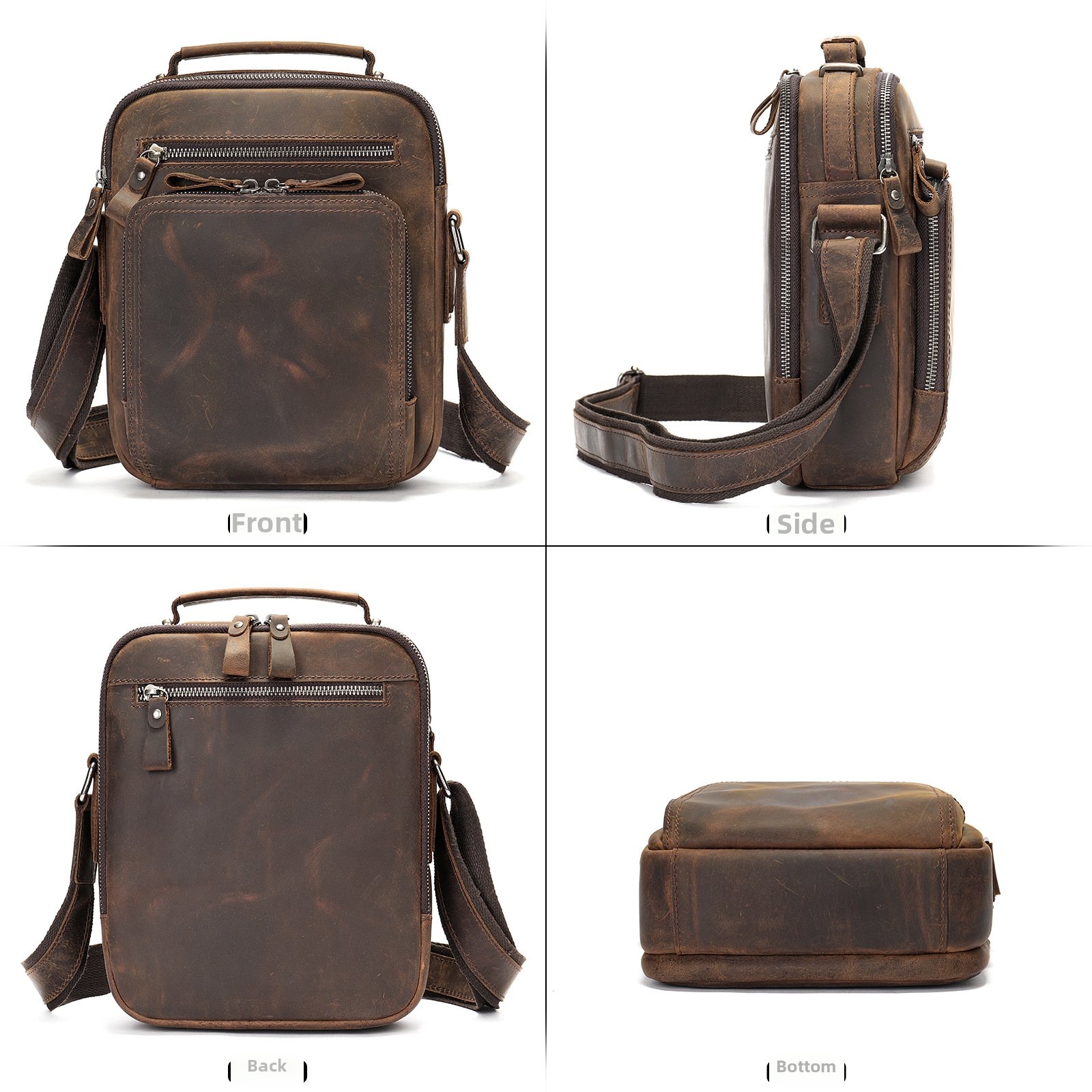 Borsa a tracolla retrò in vera pelle bovina, borsa a tracolla multifunzionale da uomo per iPad, Crazy Horse Leather_voghion.com