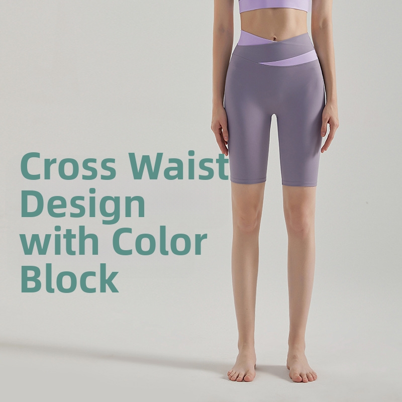 Women's High Waist Yoga Pants Color Block Crossover Hip Lifting Slimming Tight Fitness Outfit Red Five Point_voghion.com