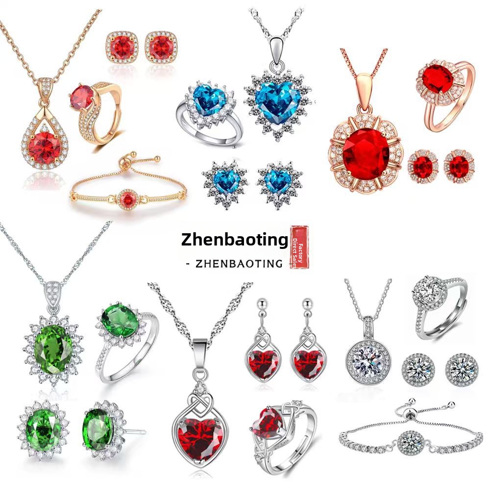 Ensemble de bijoux en zircon multicolore de qualité supérieure pour femme - Rose, bleu, vert - Collier et bagues géométriques classiques, élégantes et tendance_voghion.com