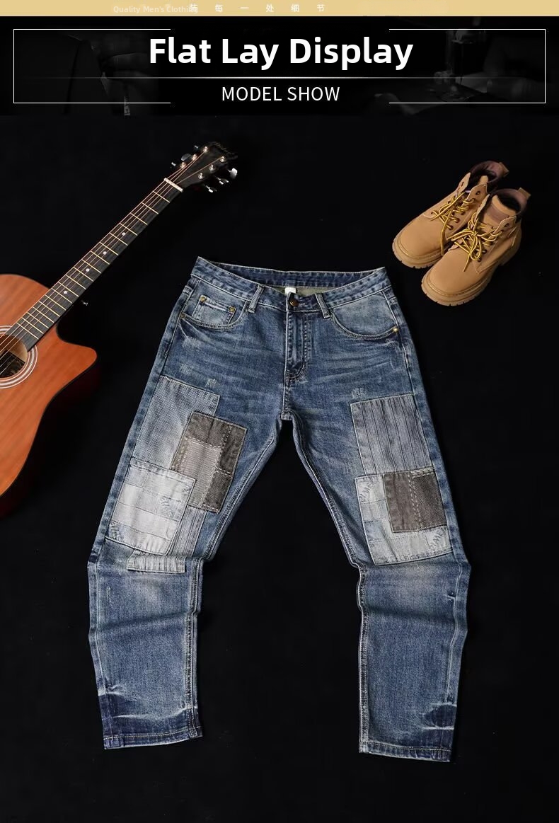 Men's Loose Straight Leg Patchwork Jeans Retro Distressed Trousers_voghion.com