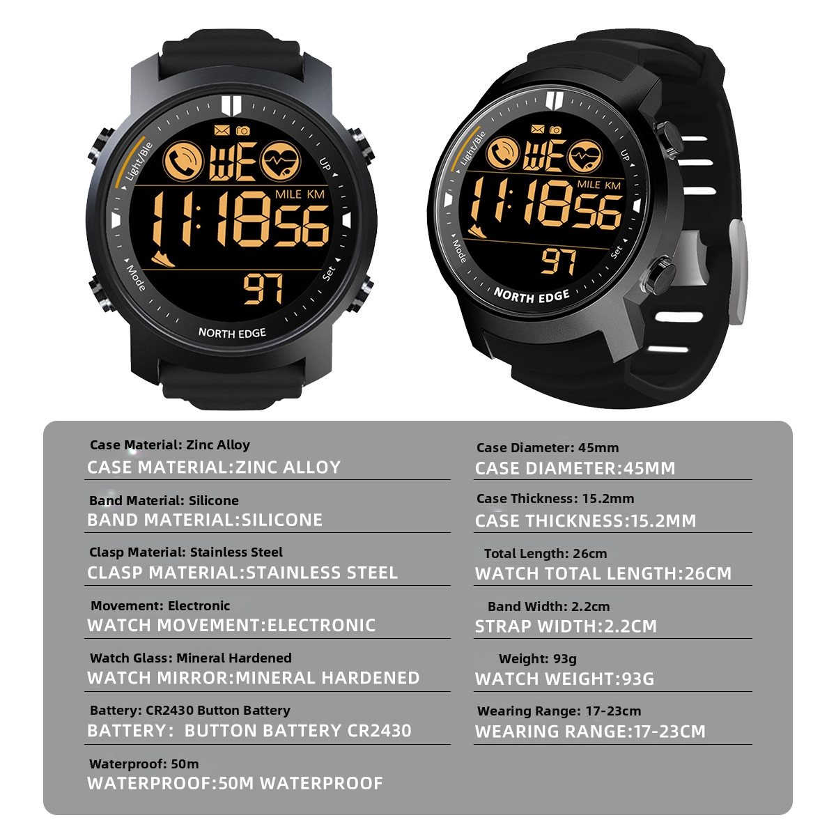 Montre connectée Northedge de style militaire, étanche à 100 mètres, compatible Bluetooth, unisexe, luxueuse et robuste._voghion.com