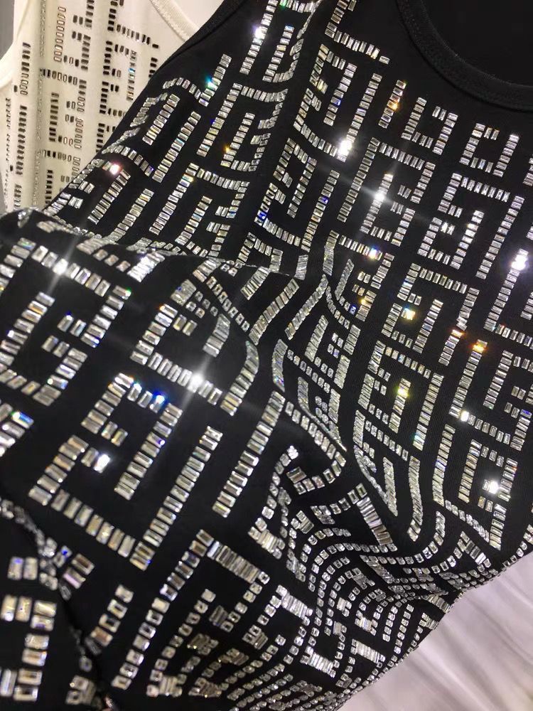 Damen Tanktop Mit Strass Slimming Geometric Print Weste Schwarz_voghion.com