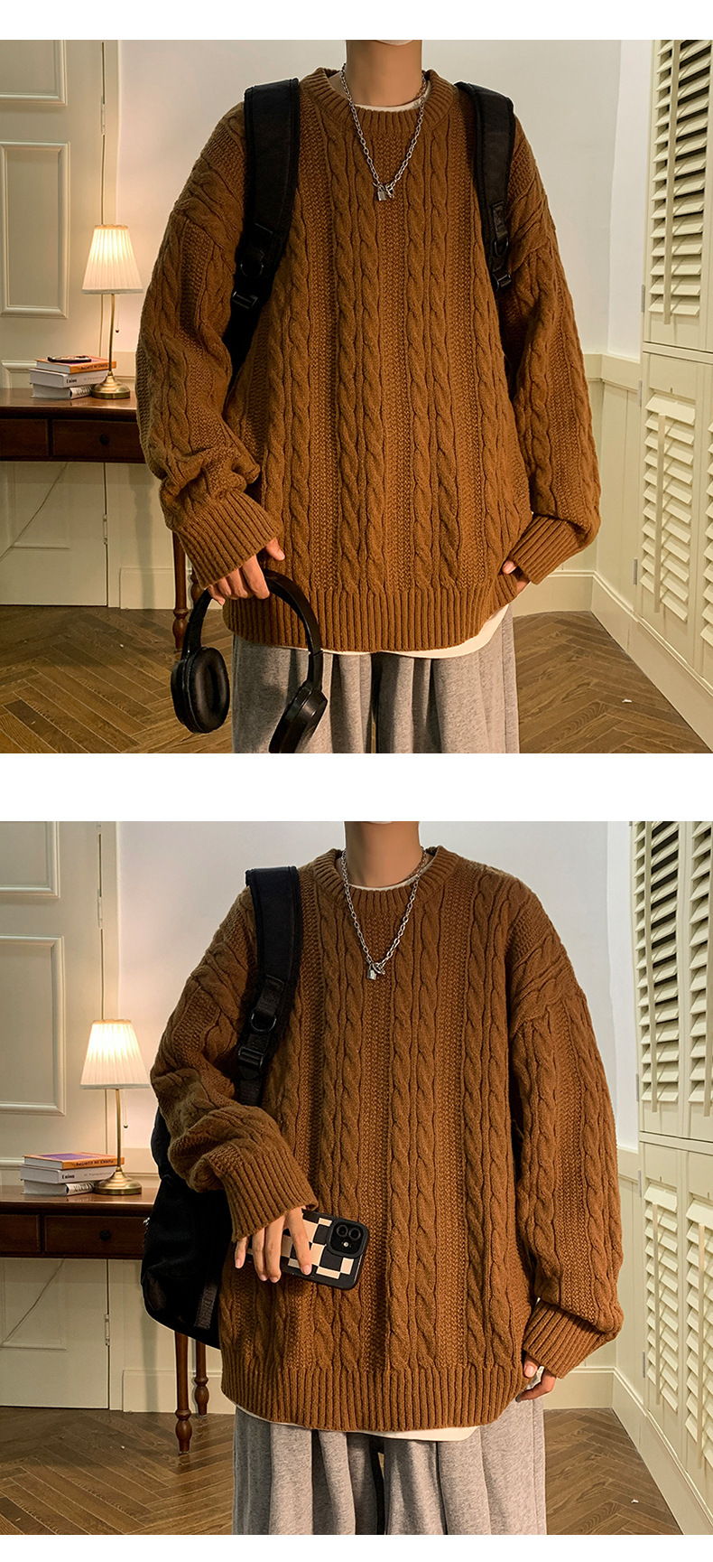 Men's Cable Knit Sweater Round Neck Loose Casual Knitted Pullover_voghion.com