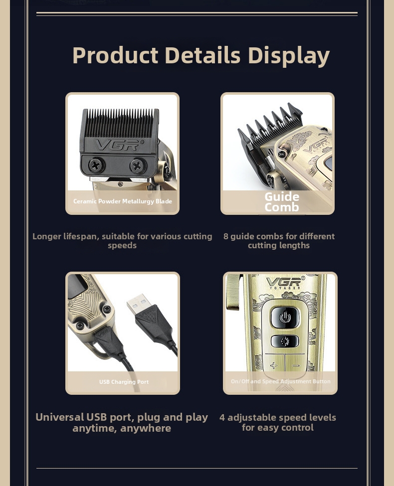 VGR005 Retro Electric Hair Clipper LCD Digital Display Professional Salon And Home Use Rechargeable Metal Hair Clipper_voghion.com