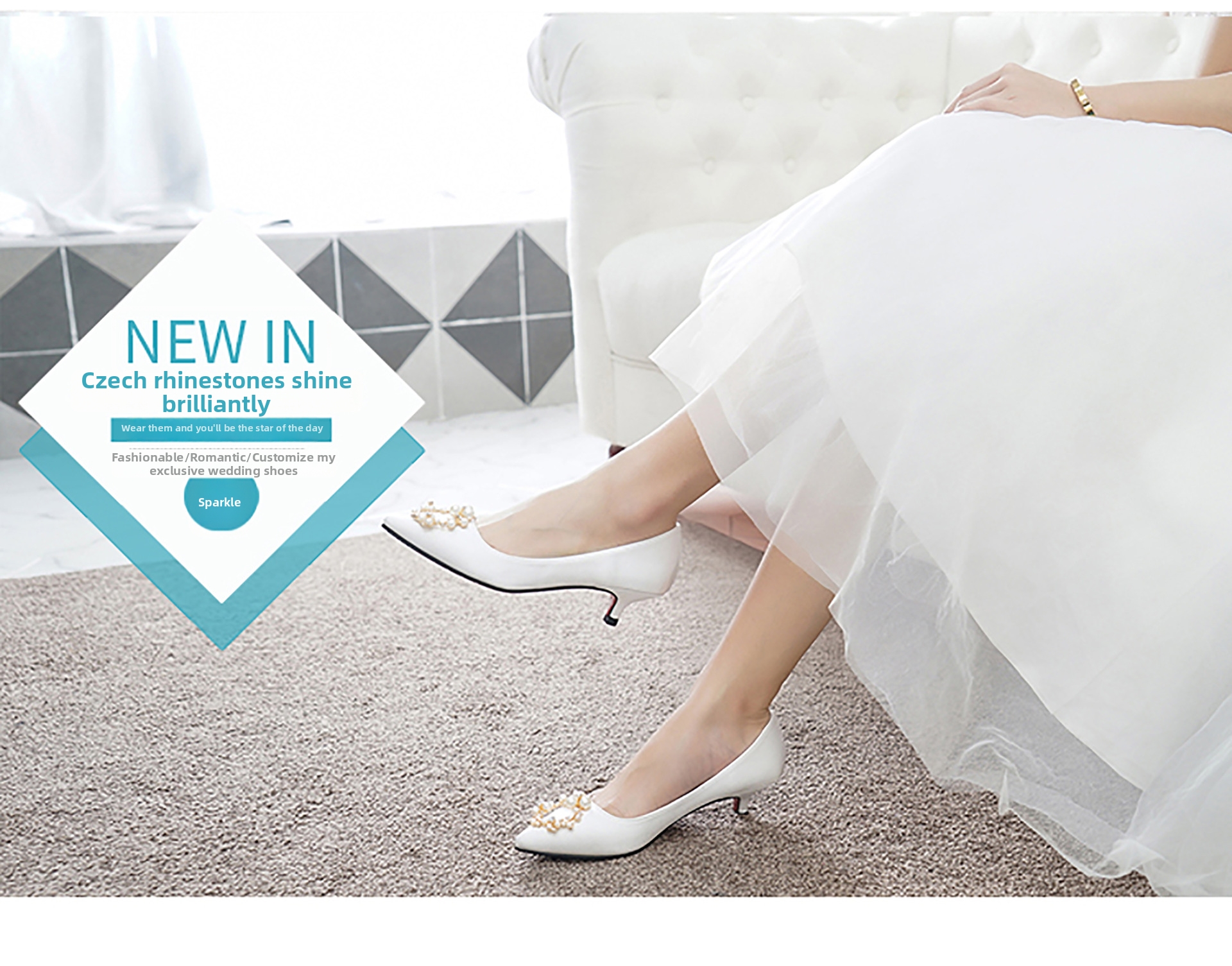 Champagne Rhinestone Mid Heel Wedding Shoes For Women_voghion.com