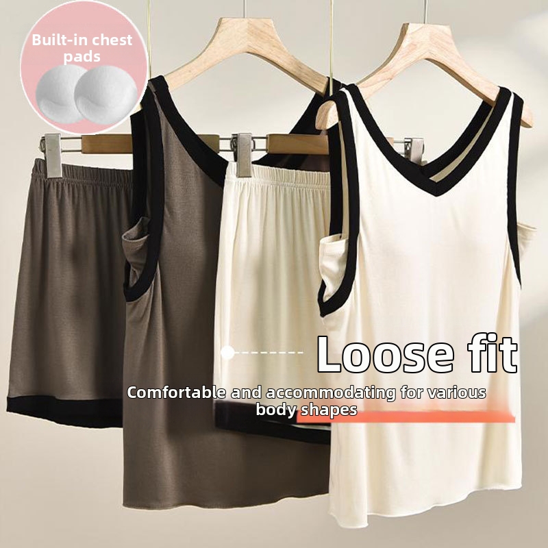 Completo da notte estivo da donna in cotone, senza maniche, con blocchi di colore, sottile e grazioso, adatto anche per uscire di casa, stile casual._voghion.com