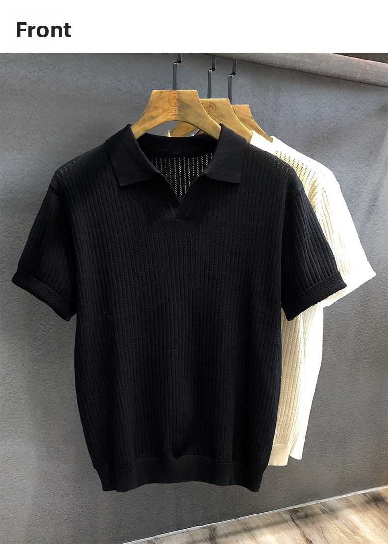 Herren Polo Shirt Elfenbeinweiß Eisseide Strick Kurzarm_voghion.com
