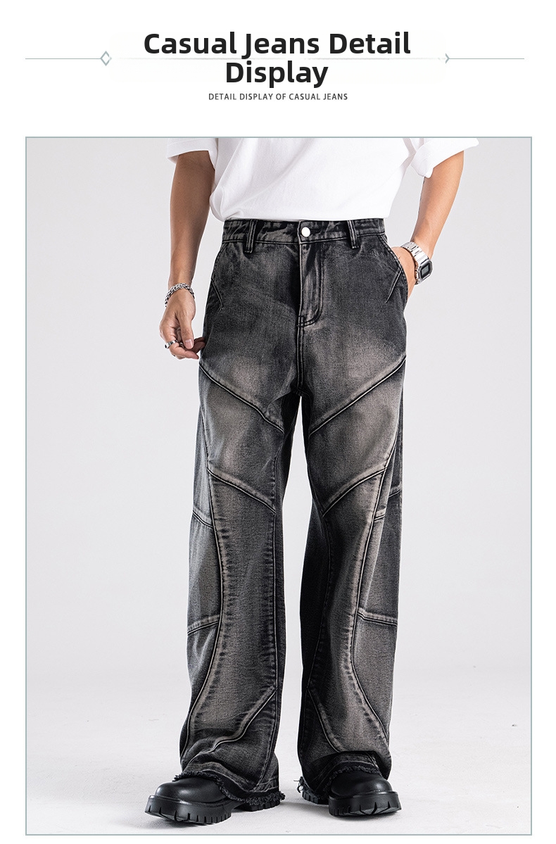 Men's American Vintage Heavy-Duty Distressed Jeans, Structural Patchwork Design With Premium Washed Finish, Straight Leg Casual Denim Pants_mkmklike.com