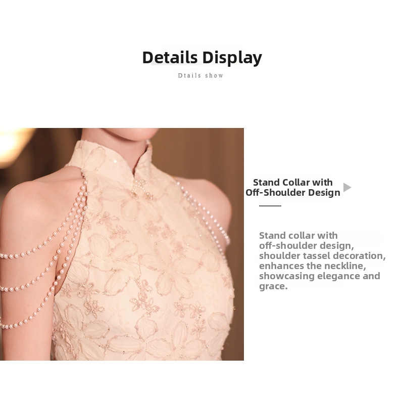 Elegant Floral Halter Neck Cheongsam Dress For Engagement Party, Banquet, And Bride's Homecoming_ecoleips.com