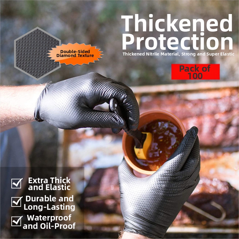 Gants en nitrile noir extra épais, jetables, pour usage médical, alimentaire, coiffure, réparation automobile et tatouage. Résistants aux acides et aux alcalis._voghion.com