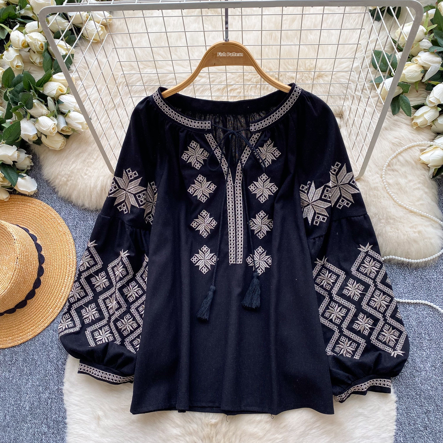 Women's Bohemian Style Tie Waist Blouse Korean Summer Loose Fit Top Heavy Embroidery Lantern Sleeve Slimming Blouse_ecoleips.com