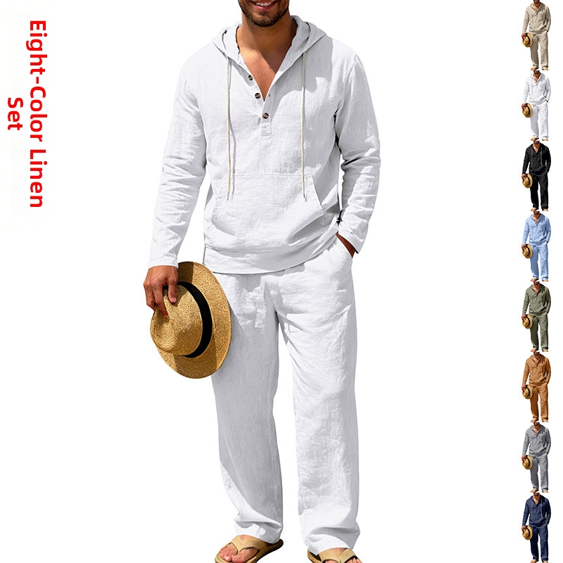Herren Leinen Casual Strickjacke Und Hose Set Für Alle Jahreszeiten_voghion.com