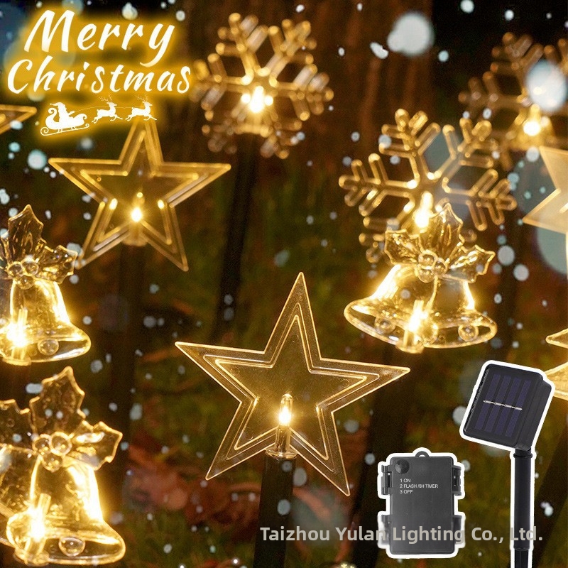 Christmas Outdoor Patio Decorative LED String Lights Solar Powered Star Snowflake Bell Design For Garden Home Decoration_voghion.com