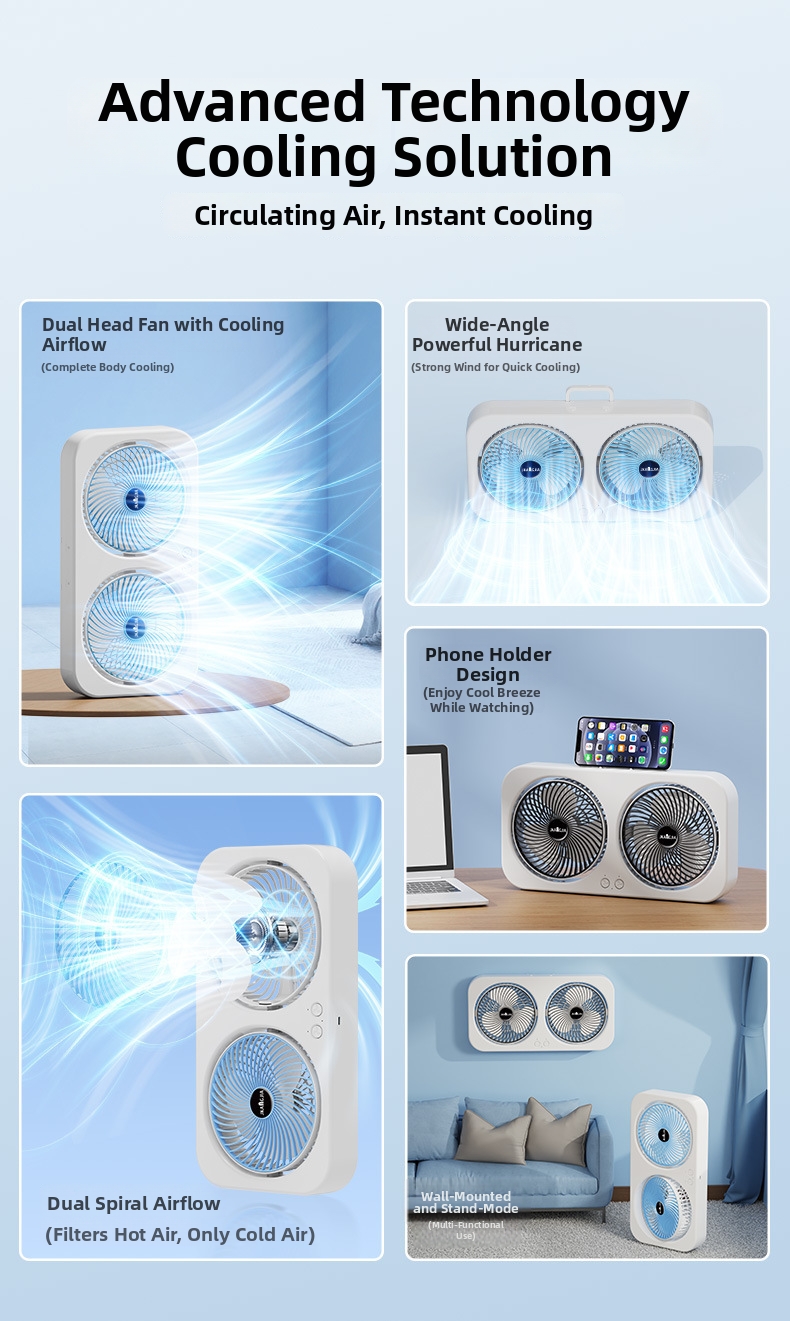 Dual Head Desktop Fan Rechargeable Oscillating Home Office Quiet_voghion.com
