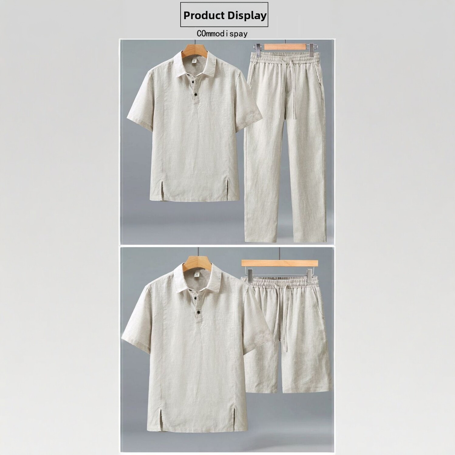 Completo da uomo in misto lino traspirante con camicia a maniche corte e pantaloni/pantaloncini, vestibilità comoda e rilassata, perfetto per l'estate._voghion.com