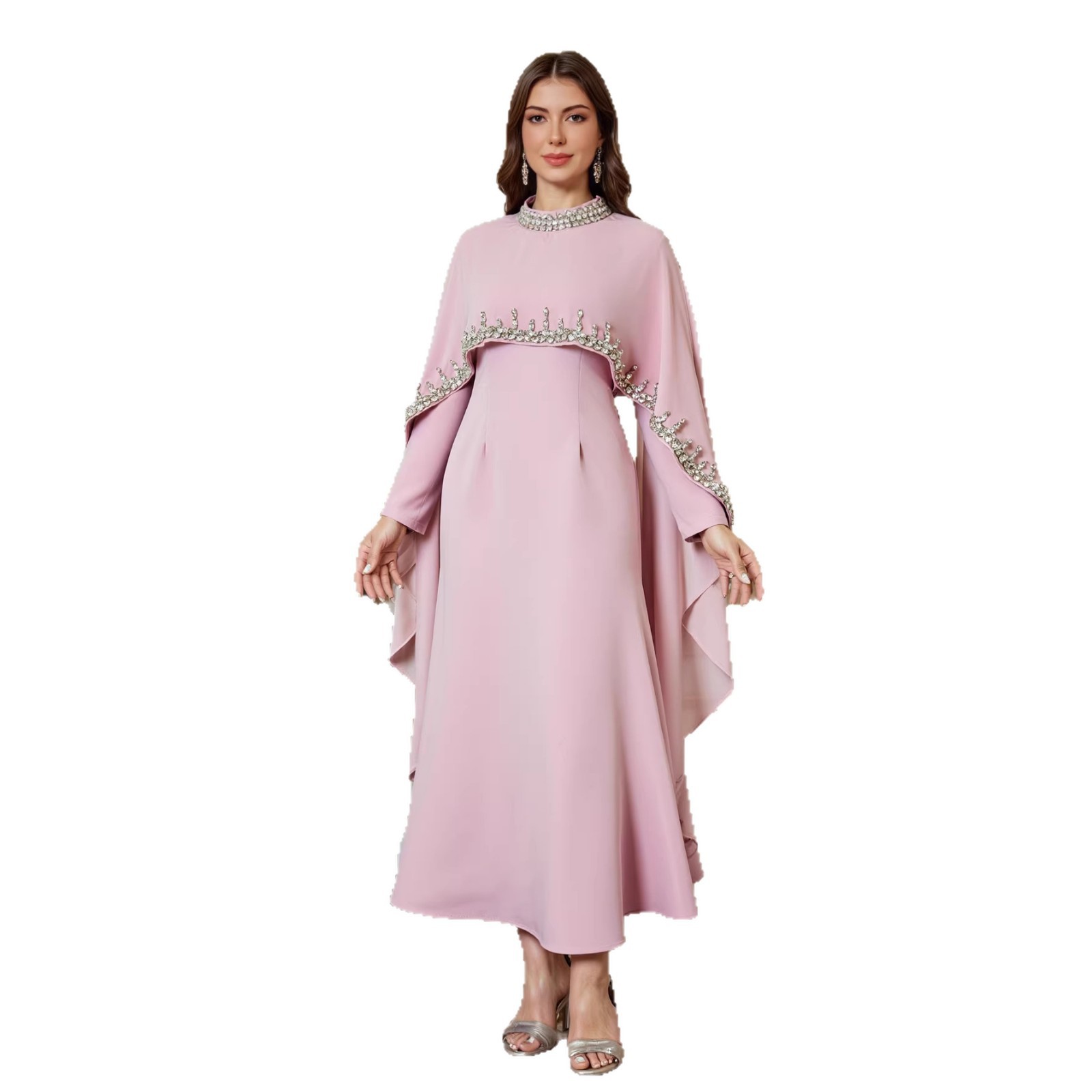 Hellrosa Strass-Abaya im Cape-Stil, Übergröße, Abendkleid für Damen aus dem Nahen Osten, Dubai, Saudi-Arabien, muslimische Mode_voghion.com