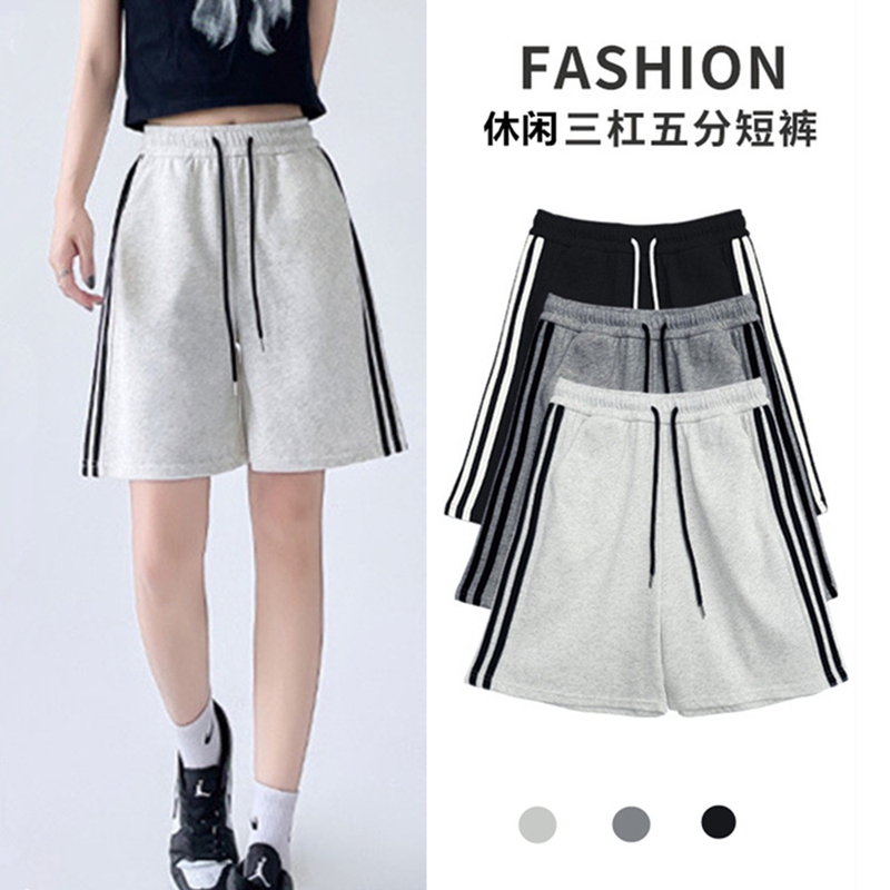Three-Stripe Sports Shorts for Women, New Summer Style, Casual Mid-Length Pants, High-Waisted, Loose Straight-Leg Wide-Leg Five-Point Pants Wholesale